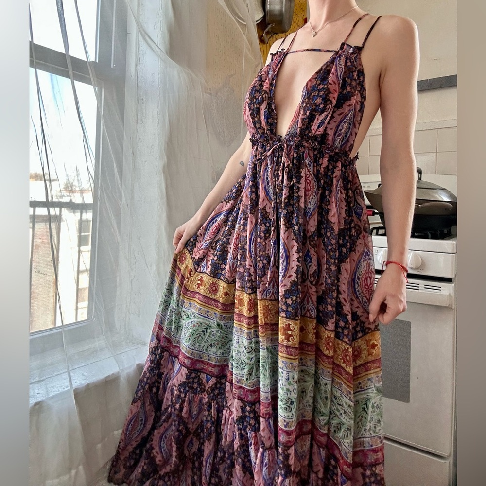 Floral Pink Multi-Print Tiered Maxi Dress with Plunge Neck